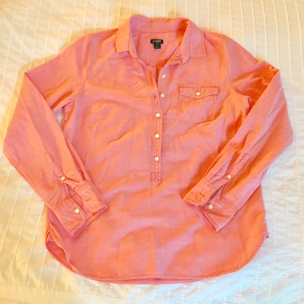 J Crew women’s coral popover blouse.